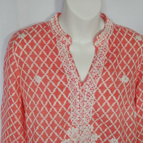 Charter Club Linen Petite Small Embroidered Boho Tunic Top Salmon Pink Beaded - Picture 3 of 4